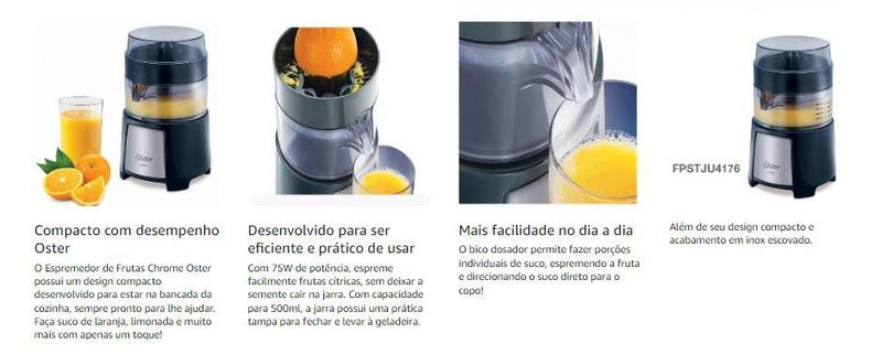 Espremedor de frutas oster chrome 500ml automático 127v fpstju4176